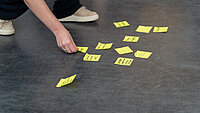 Bild zeigt eine Person, die beschriftete Zettel auf dem Boden auslegt.