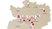 Karte mit markierten Standorten von Wirtschaftsstandorten in der Region Heilbronn-Franken