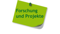 grüner Klebezettel mit Pin und Aufschrift Forschung und Projekte