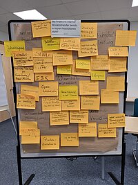 Zu sehen ist eine Pinnwand mit Merkzetteln, welche sich mit der Frage beschäftigen, wo bereits ein interner Wissenstransfer an den Institutionen der Teilnehmenden stattfindet. An den Ecken der Pinnwand verteilt sind dann die Hochschulleitung, die dezentrale Verwaltung, die Wissenschaft (also Forschung und Lehre) und die zentrale Verwaltung aufgelistet. In der Mitte steht Wissenschaftsmanagement und auf den Merkzetteln stehen die Ideen der teilnehmenden Personen. 