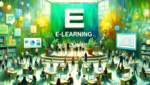 KI generiertes Bild einer E-Learning-Werkstatt mit vielen Menschen vor PCs im impressionisitischen Stil.