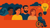Mittig f&uuml;nf Personen unterschiedlichen Aussehens, davon zwei Persons of Color und eine Person im Rollstuhl. Im Hintergrund st&uuml;rmische Ozeanwellen und Regenwolken sowie eine erleuchtete Gl&uuml;hbirne. Das gesamte Bild in modernem Clipart-Comic-Stil gehalten.