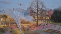Erwachsene und Kinderauf eine Spielplatz vor einer Schule und kleinen Häusern.