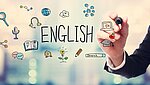 Hand die "English" schreibt mit Sprachsymbolen