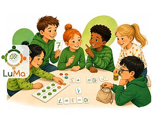 Illustration Kinder an einem Tisch: Zehnerfeld mit Pl&auml;ttchen (7gr&uuml;n und 3 orange) und Rechenterme aus Karten 10-3=7 10=7+3