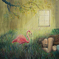 Bild mit Flamingo und Schlafender von Lisa Gonser
