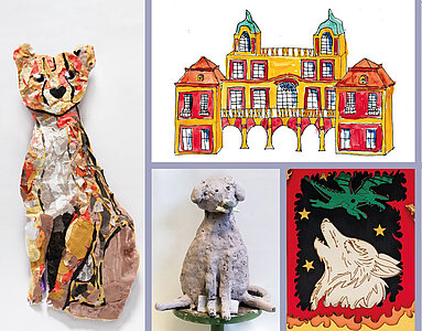 Titelbild der Einladung mit sieben Werken aus dem Kunst-Sommercamp.