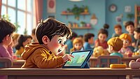 Kinder in der Schule mit Tablets in Comic Zeichnung