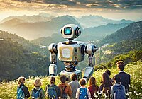 Bild kreiert mithilfe von KI: Ein Roboter, der auf einem Hügel steht und von Menschen umgeben ist. Diese hören ihm zu und es entsteht eine optimistische Atmosphäre.