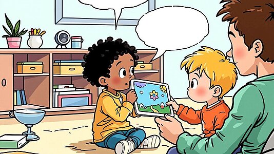 Zwei Kinder schauen sich auf dem Tablet ein Bild an, Erwachsener liest darauf vor