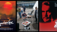 Dreigeteiltes Bild mit Filmplakaten zur rechten und linken Seite. Apokalypse Now und Jagd auf roter Oktober. In der Mitte ein Bild der Fachschaft beim Grillen.