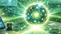 Symbolbild: Futuristische Illustration in Gr&uuml;nt&ouml;nen mit leuchtender digitaler Netzwerksph&auml;re auf einem Schreibtisch, umgeben von holografischen Datenvisualisierungen, Symbolen f&uuml;r k&uuml;nstliche Intelligenz.