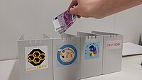Eine Hand wirft 500€ Spielgeld in Abstimmungsboxen mit Logos der Teamlabore