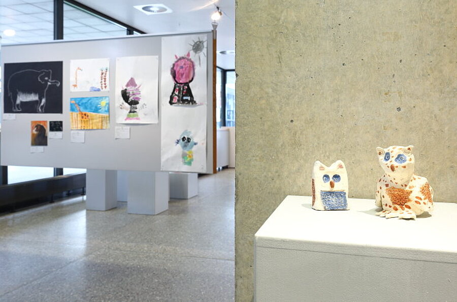 Blick in die Ausstellung in der Studiengalerie mit Werken aus der Jugendkunstschule Backnang