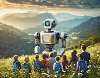 Bild kreiert mithilfe von KI: Ein Roboter, der auf einem Hügel steht und von Menschen umgeben ist. Diese hören ihm zu und es entsteht eine optimistische Atmosphäre. 13.03.2024. Firefly (https://firefly.adobe.com/).
